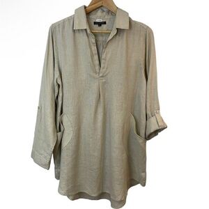 For Cynthia Linen Shirt Dress Top Womens M Beige Lagenlook Tunic Artsy Vacation